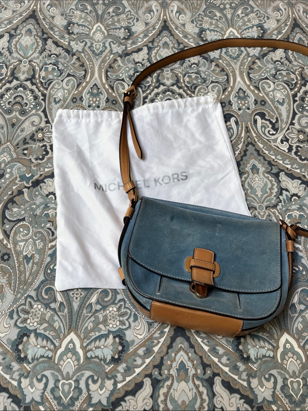 Michael Kors Blue Suede Crossbody with Tan Leather Trim and Strap